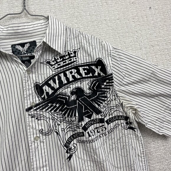 Y2K Avirex  Button Up Shirt Mens XL Short Sleeve Striped White Grunge Graphic** - Picture 7 of 15